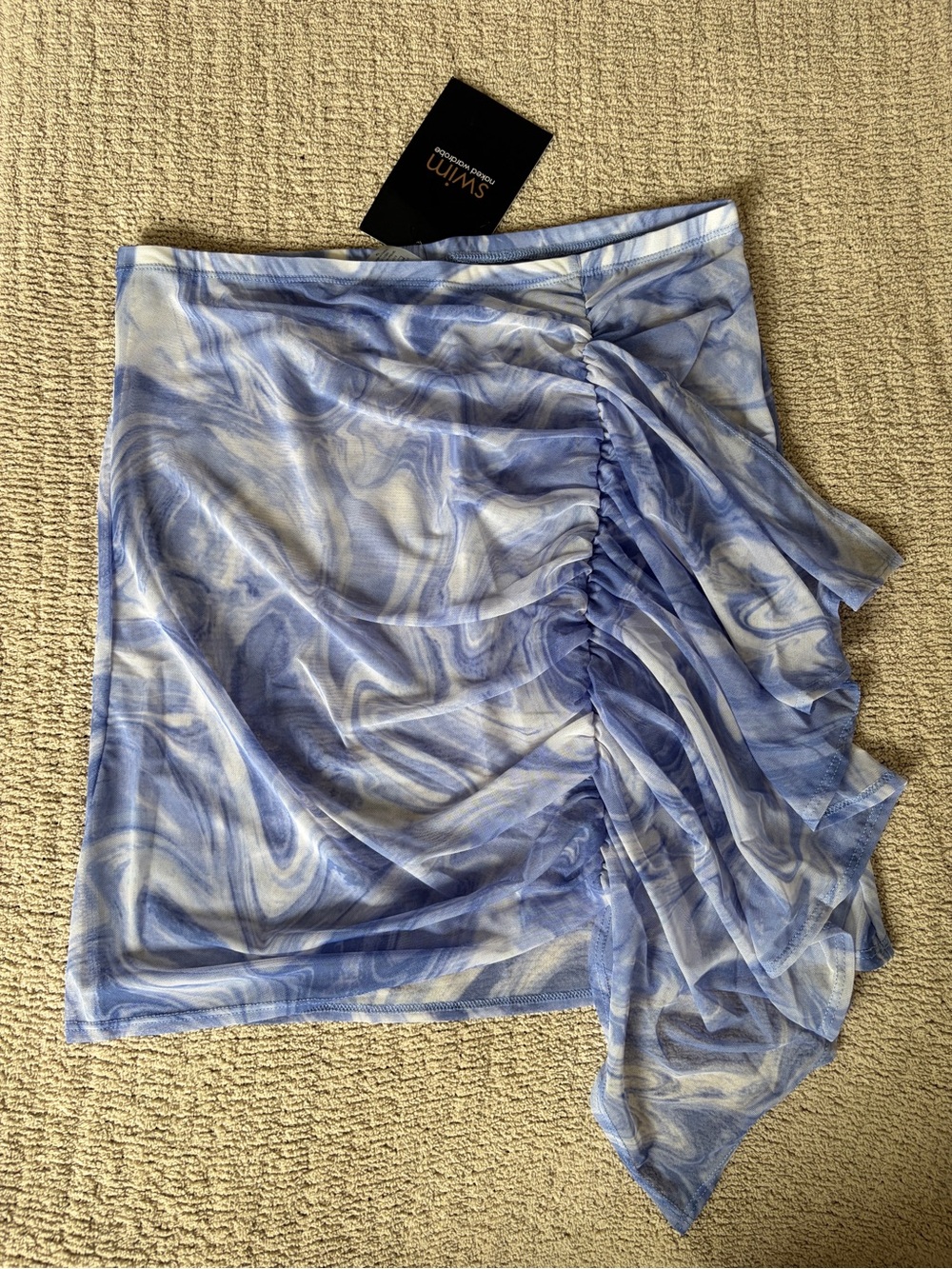 Naked Wardrobe Blue Marble Sheer mesh swim cover-up mini skirt ruched resortwear